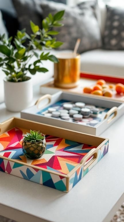 Colorful decorative trays with geometric patterns and a succulent plant on a coffee table
