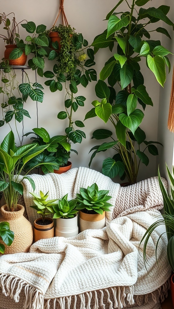 Cozy indoor gardening space with various plants and a knitted blanket.
