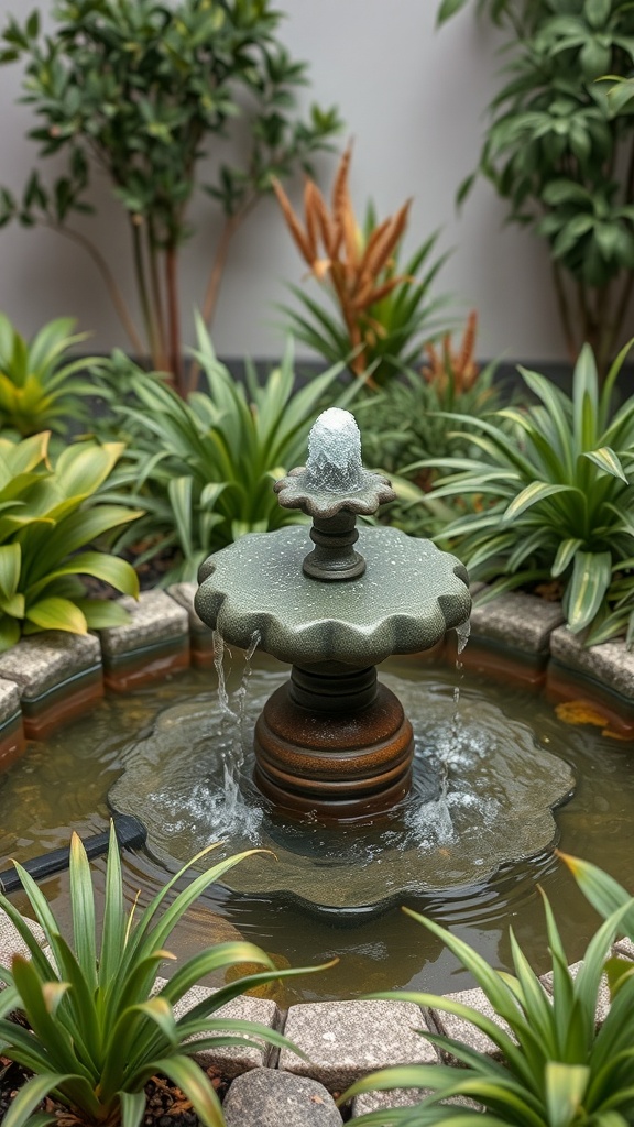 A small fountain surrounded by green plants in a backyard garden.