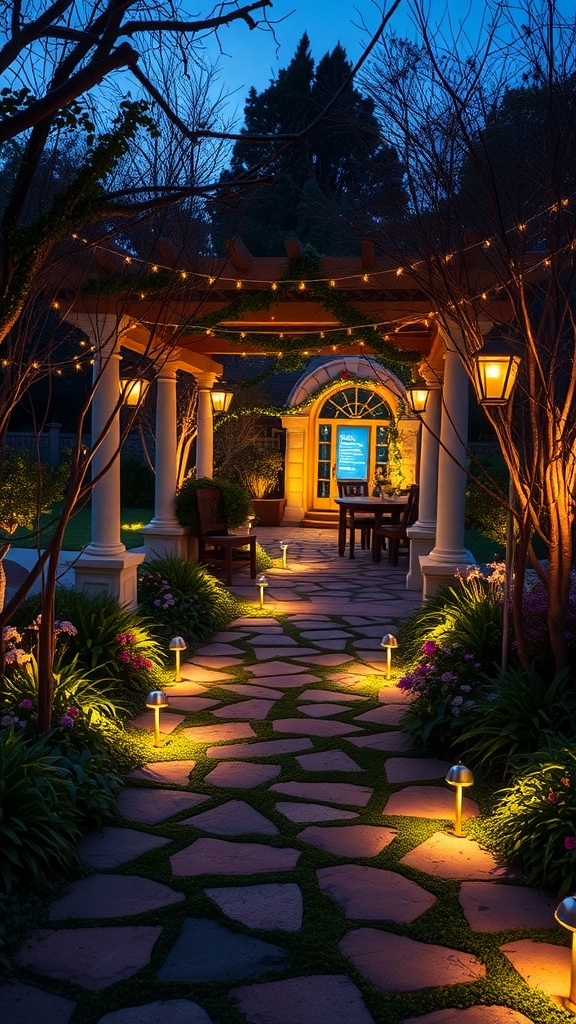A beautifully lit garden pathway with stone tiles and pathway lights.
