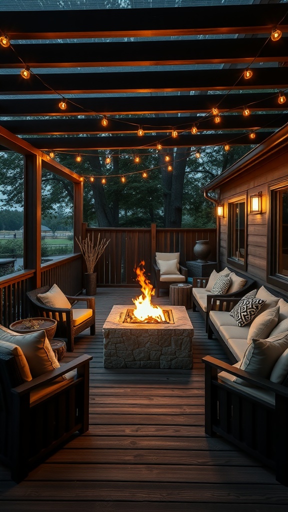 A luxurious outdoor lounge area with a fire pit, black deck, and string lights.
