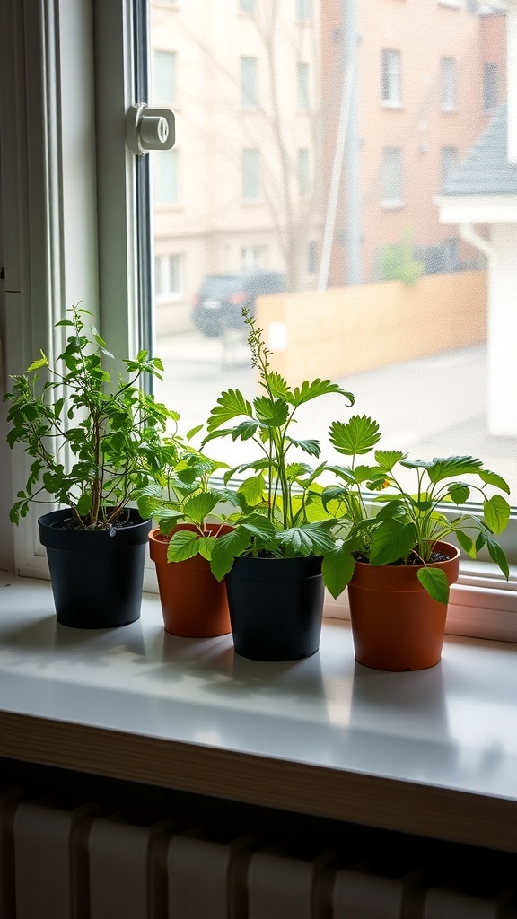 A collection of potted herbs on a windowsill, including mint and basil, basking in sunlight.