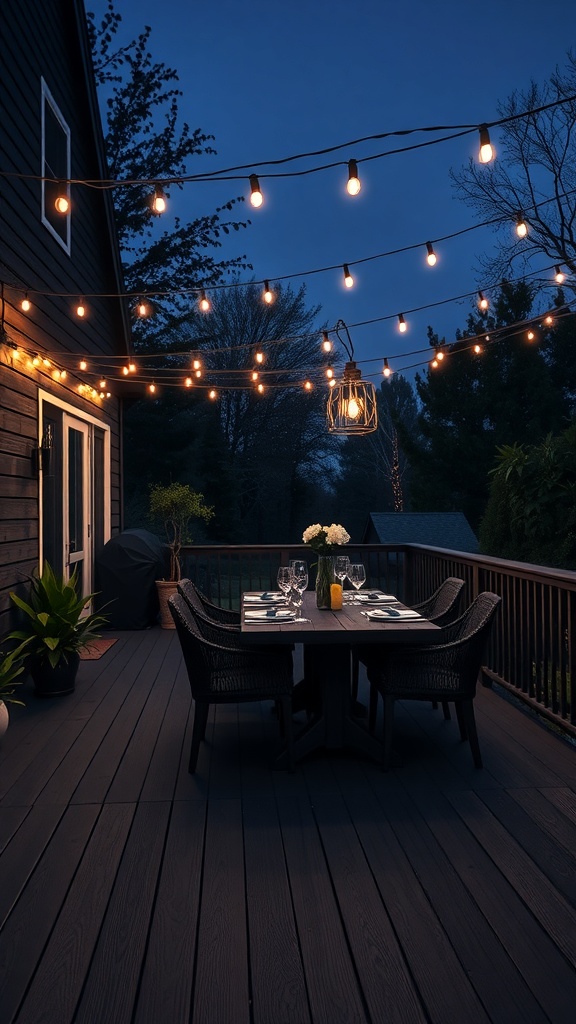 A cozy dining area on a black deck with string lights overhead, set for an evening meal.