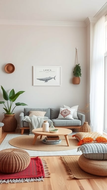 A cozy boho living room with comfortable floor seating, featuring cushions, poufs, and plants.