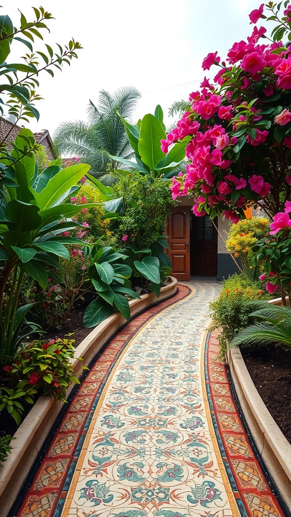 A vibrant walkway made of colorful mosaic tiles surrounded by lush greenery and flowers.