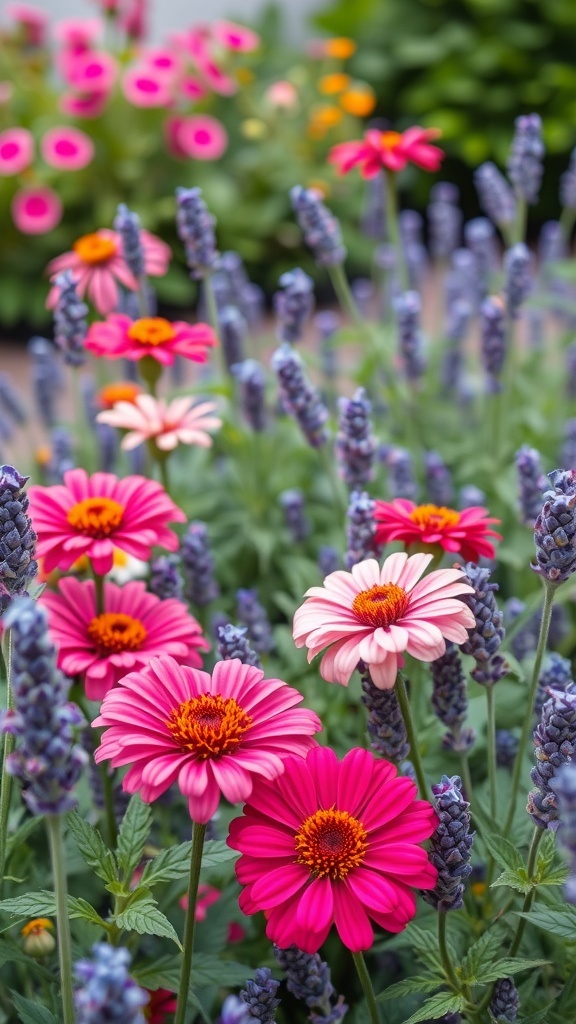 A vibrant garden bed featuring pink and orange zinnias alongside lavender flowers.