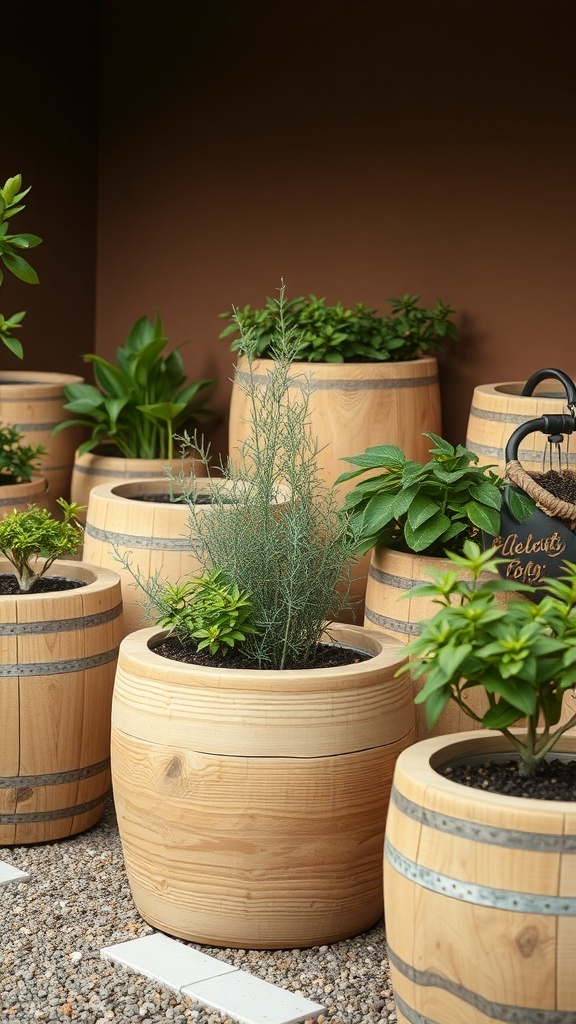 Natural wood planters filled with various green plants.