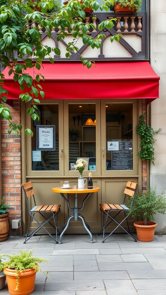 A small bistro set with an orange table and two chairs, surrounded by potted plants.