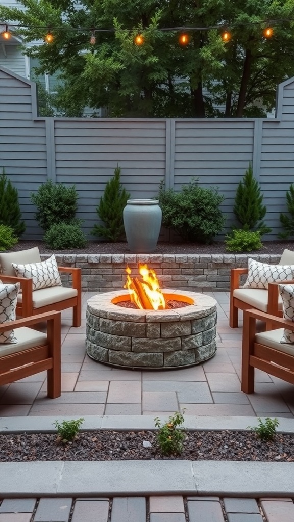 Cozy outdoor fire pit area with stone seating and string lights