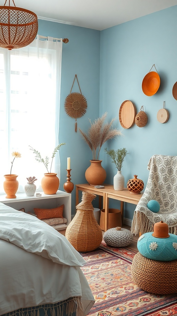 A cozy Boho bedroom featuring light blue walls, handcrafted pottery decor, and soft bedding.