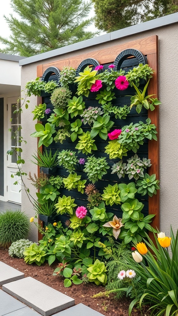 A vibrant vertical garden wall filled with colorful flowers and lush greenery.
