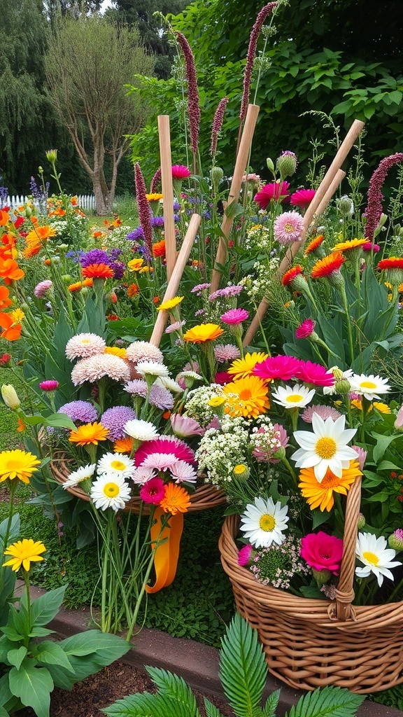 A colorful cutting garden with various flowers in baskets and wooden stakes supporting taller blooms.