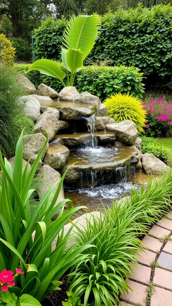 A cascading water feature with smooth stones and surrounding green plants and purple flowers.