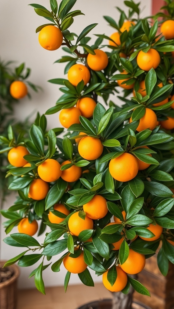 A Calamondin orange tree with bright orange fruits and lush green leaves.