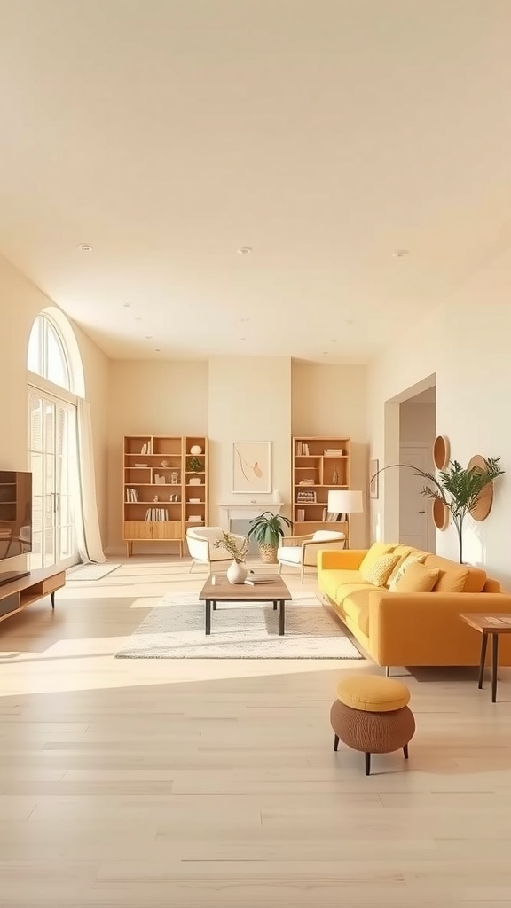 Bright and airy pale yellow living room with open space concept, featuring a yellow sofa, wooden furniture, and large windows.