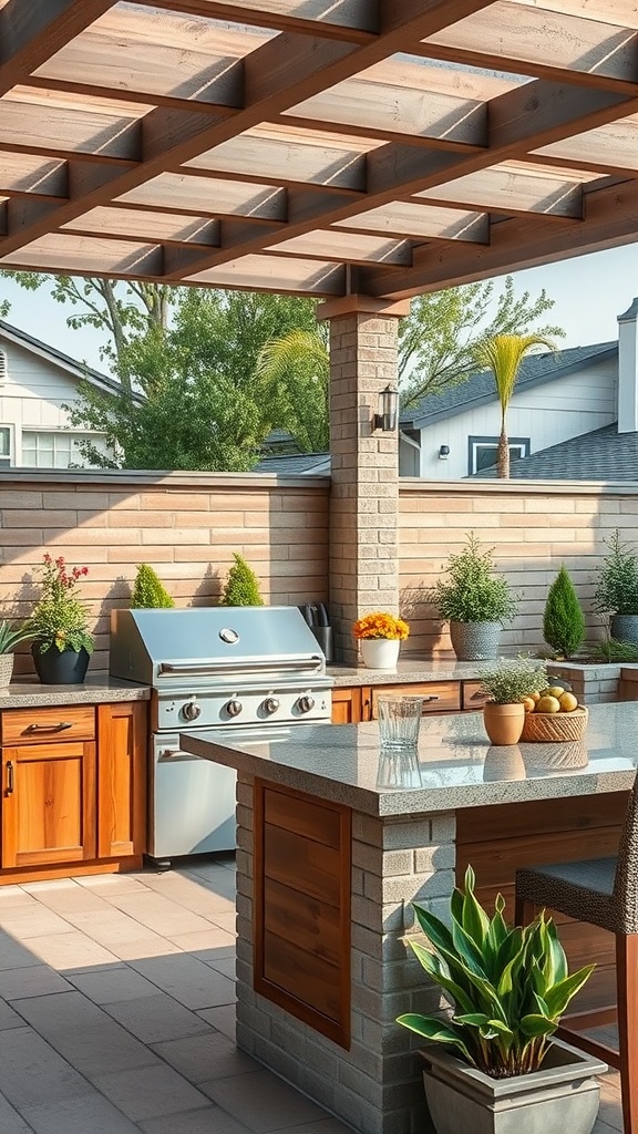 Stylish outdoor kitchen with a grill, counter space, and plants