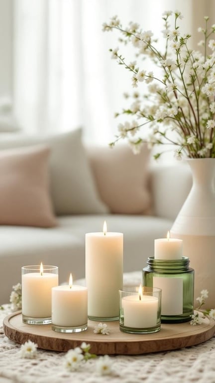 A cozy arrangement of scented candles in various sizes on a wooden tray, surrounded by delicate flowers, creating a warm atmosphere.