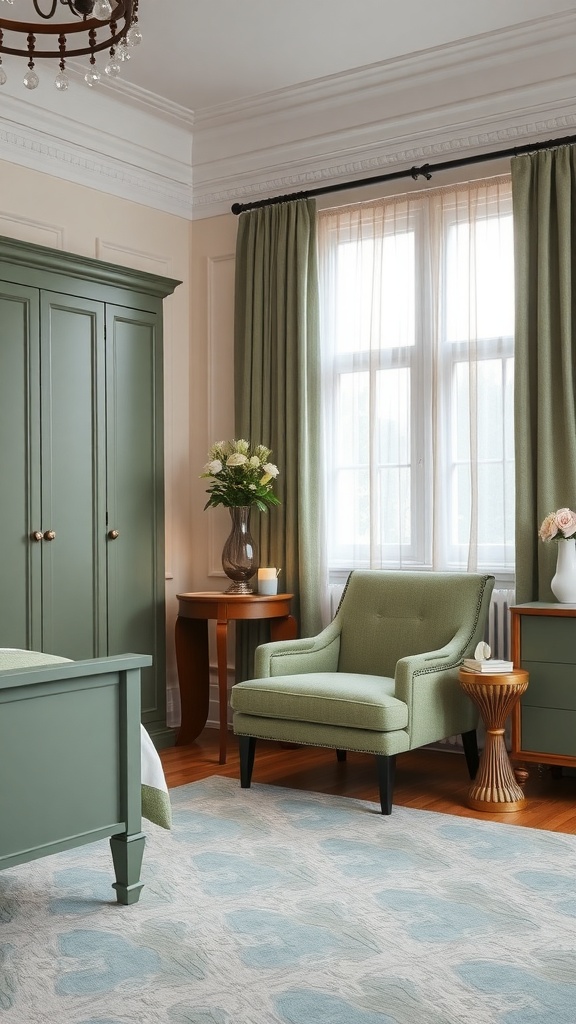 A serene bedroom featuring sage green furniture accents, including a wardrobe and armchair, with warm wooden elements and soft curtains.