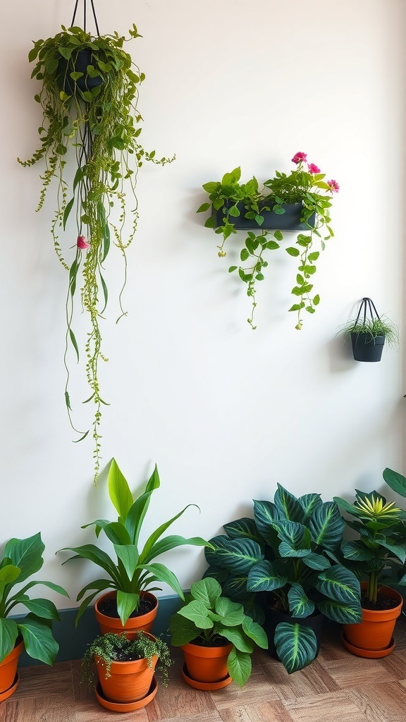 Vertical garden setup with hanging and wall-mounted plants in pots