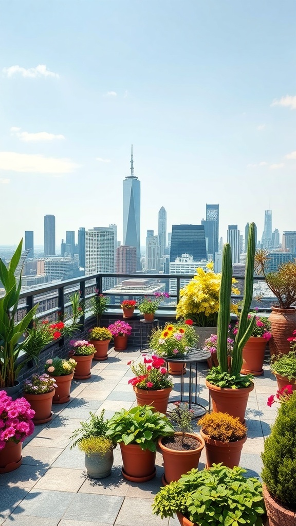 A vibrant rooftop garden filled with colorful flower pots and a city skyline in the background.