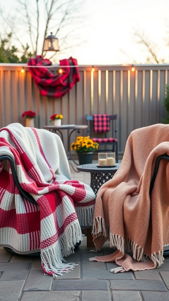 Two cozy outdoor blankets draped over chairs on a patio.