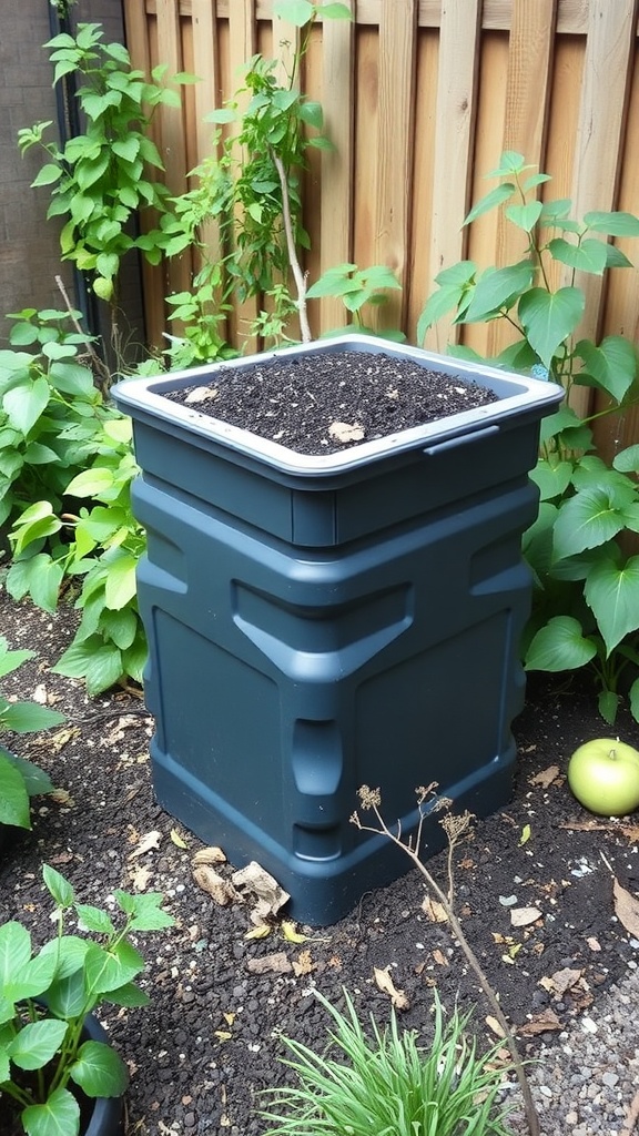 A compact compost bin surrounded by plants in a small backyard garden.