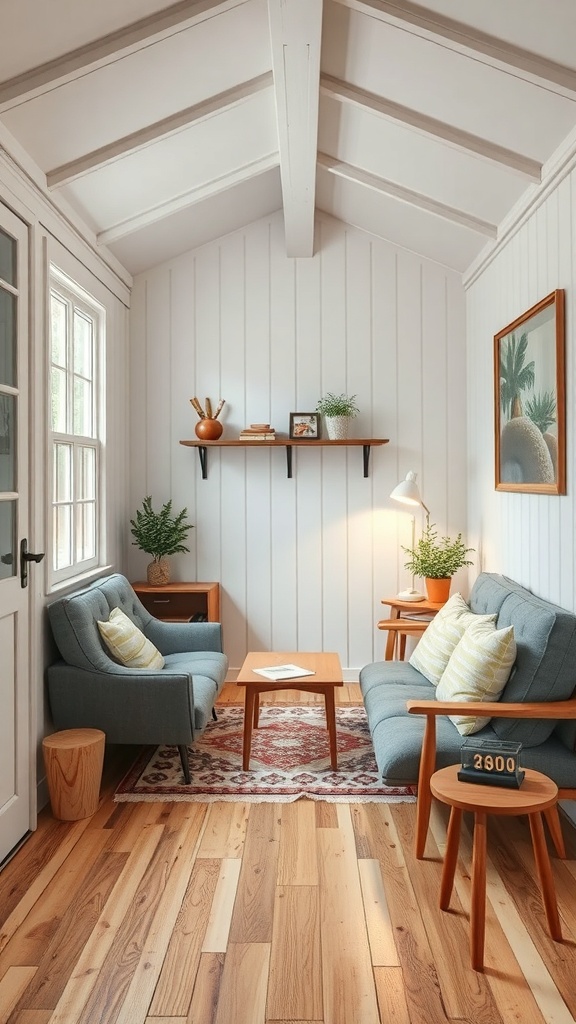 A cozy interior of a tiny shed house featuring space-saving furniture.
