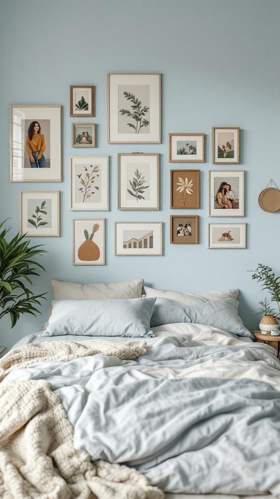 Artistic gallery wall in a light blue Boho bedroom with framed artwork and photographs.