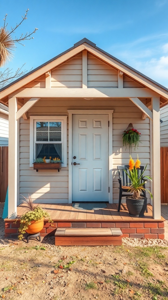 A charming porch design of a tiny shed house with a welcoming entrance.