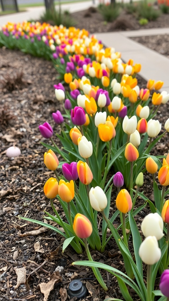 Colorful tulip border with various flowers in a garden