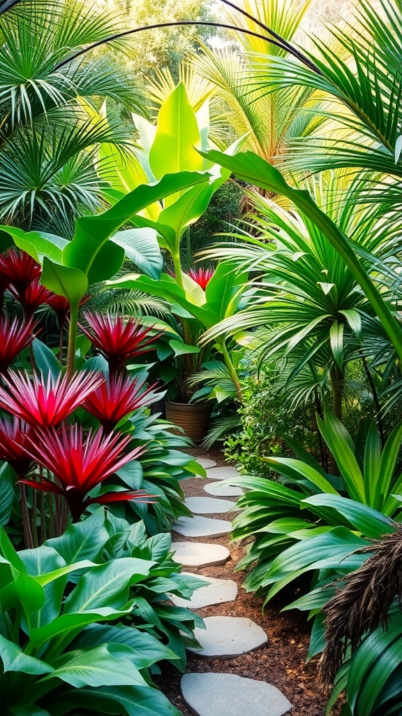 A lush tropical garden with large leafy plants framing a winding path and a glass structure in the background.