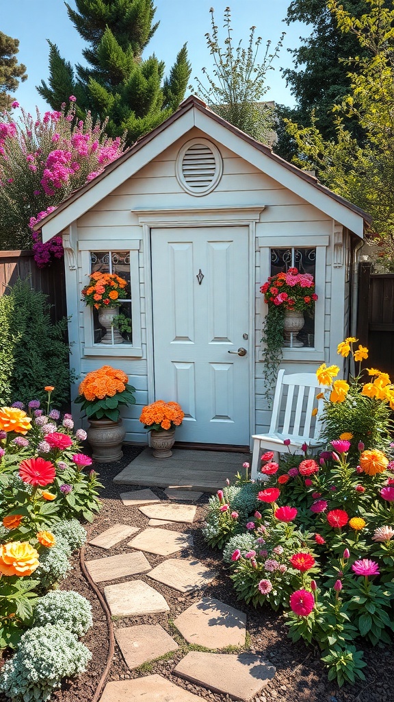A charming blue garden shed surrounded by colorful flowers and a stone pathway.