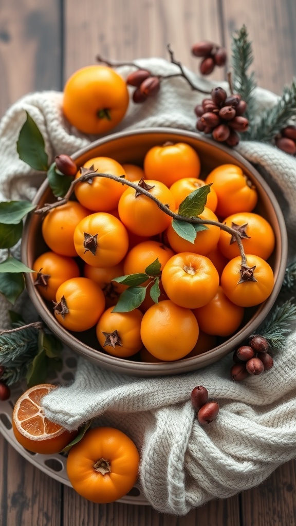 A bowl of kumquats surrounded by festive decorations, showcasing their vibrant orange color.