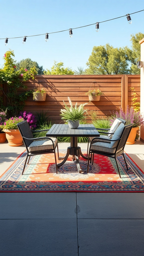A cozy patio setup featuring a colorful outdoor rug, a table, and chairs surrounded by plants.