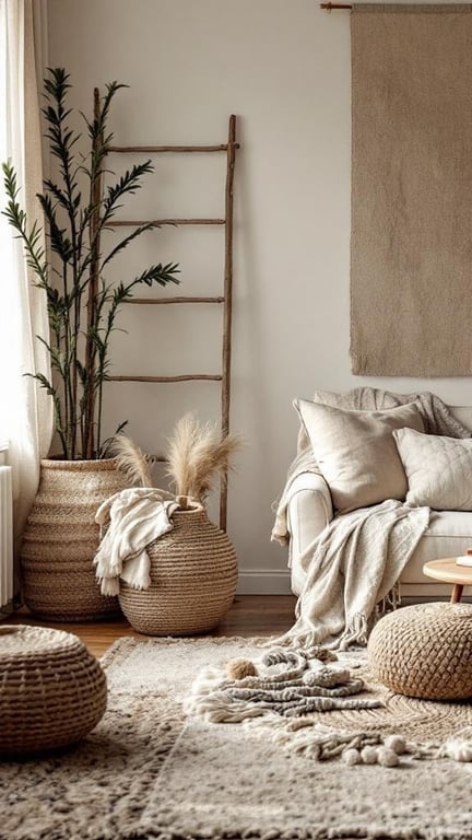 A cozy living room featuring woven textiles, a soft rug, and natural decor elements.