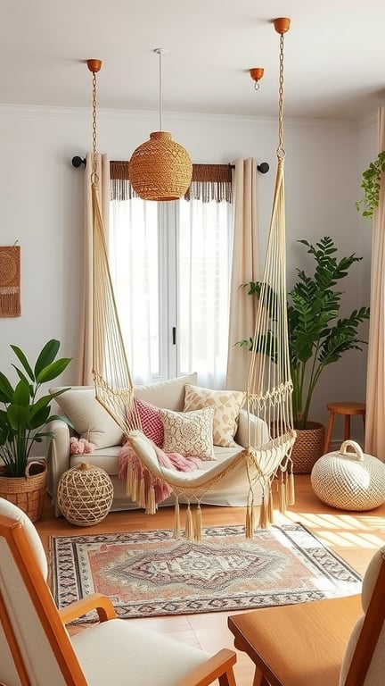 A cozy living room featuring a hammock chair, plants, and warm decor.
