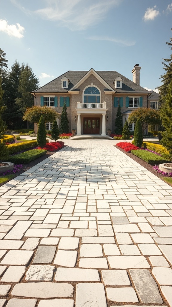 A luxurious white stone driveway leading to an elegant house, surrounded by palm trees and greenery.