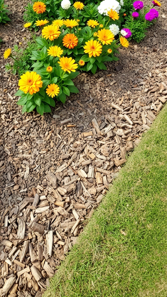 A garden border with textured bark mulch surrounding colorful flowers.