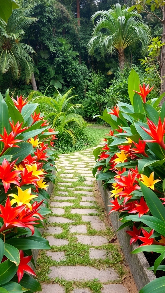 A vibrant tropical flower border with red and yellow blooms lining a stone pathway surrounded by lush greenery.