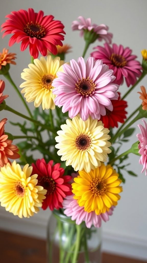 A vibrant bouquet of colorful zinnia flowers in various shades.