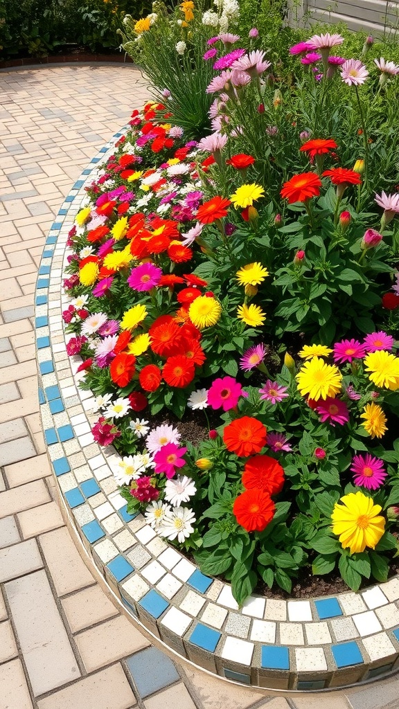 Colorful flower bed with a mosaic tile border