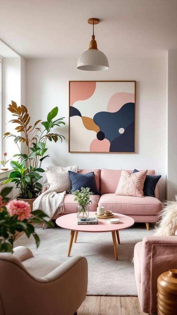 A chic pink coffee table in a small living room with a pink sofa, decorative pillows, and plants.