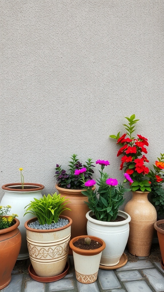A collection of vintage pots with colorful flowers, showcasing a rustic feel for indoor gardening.