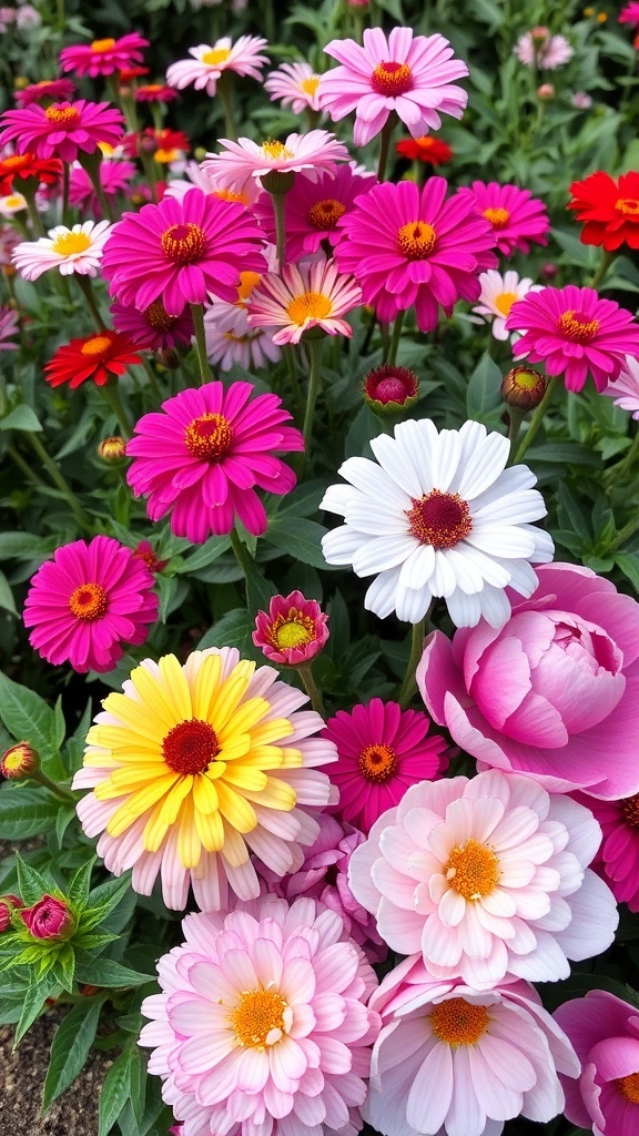 A colorful garden featuring zinnias and peonies in various shades.