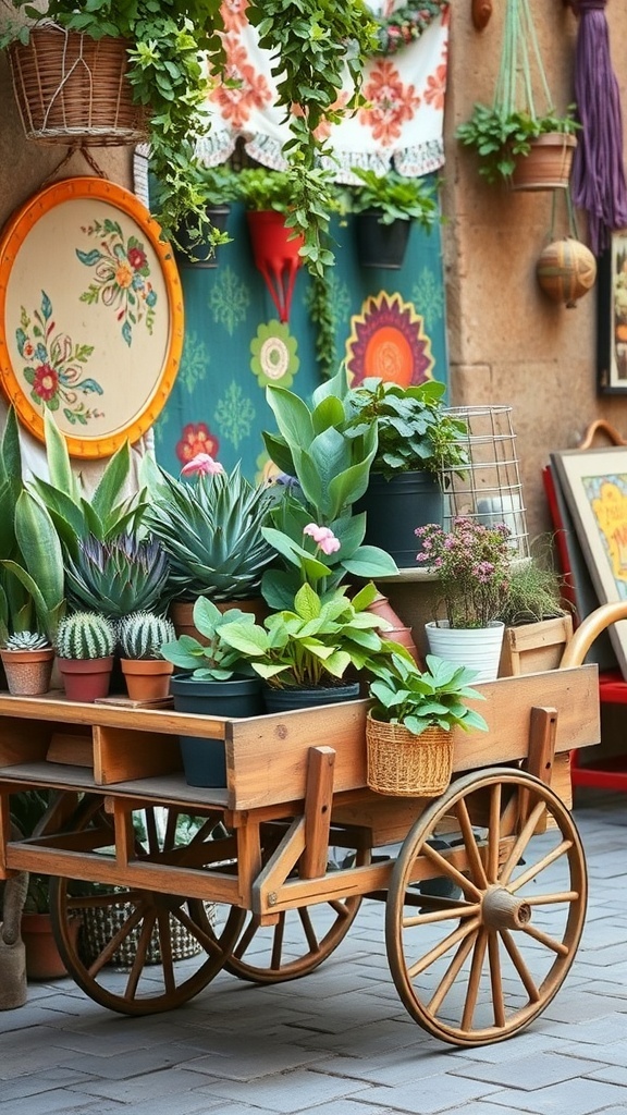 A wooden plant cart filled with various potted plants, showcasing a boho vibe.