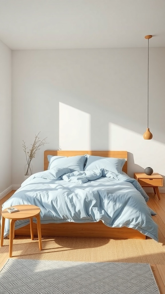 A cozy minimalist bedroom featuring soft blue bedding, a wooden bed frame, and neutral tones.