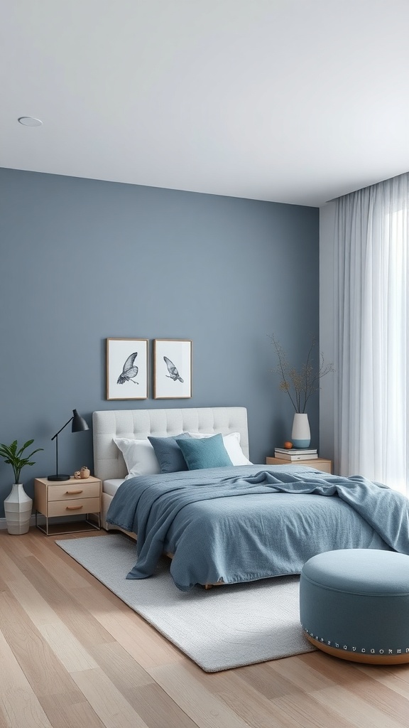 A cozy minimalist bedroom featuring a blue and gray color scheme with soft bedding and natural light.