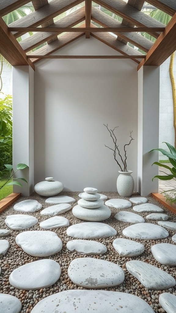 A serene meditation space featuring smooth white stones and greenery, overlooking a calm body of water.