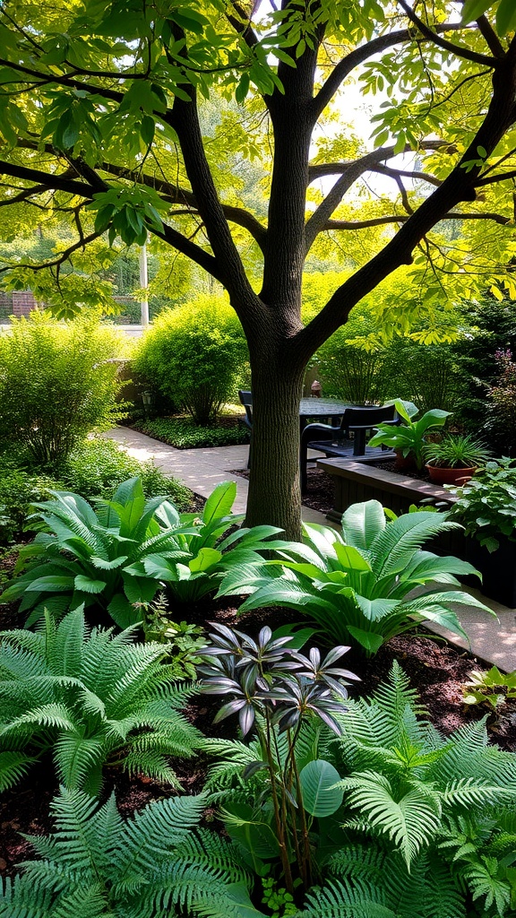 A lush shade garden under trees with various plants and greenery.