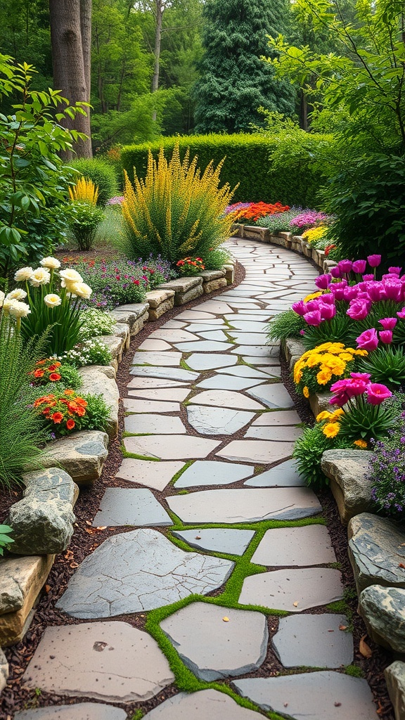 A winding stone pathway surrounded by colorful flowers and greenery.